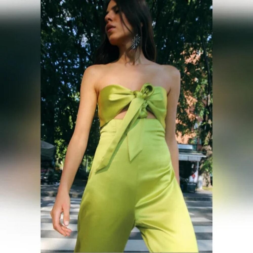 ZARA CUT OUT BOW SATIN EFFECT JUMPSUIT - Picture 2 of 6